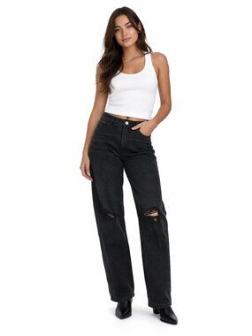 American Eagle Women's Black Distressed Straight Leg Jeans, 8